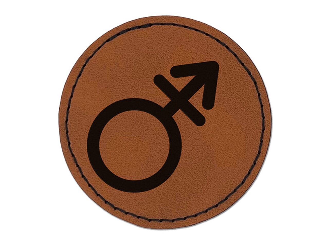 Male with Stroke Sign Transgender Gender Symbol Round Iron-On Engraved Faux Leather Patch Applique - 2.5"